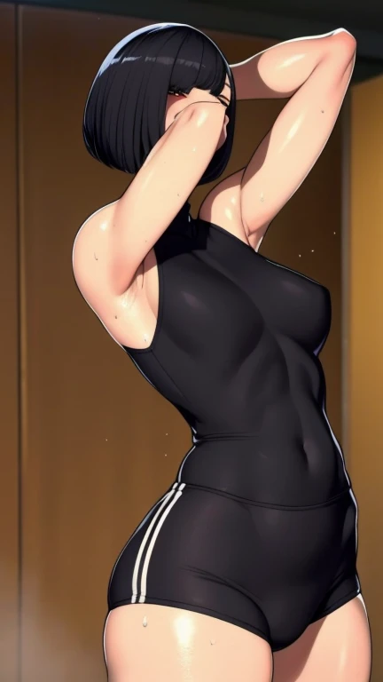 gym background、Super detailed illustrations、Super precise expression、masterpiece、highest quality、ultra high resolution、high resolution、(Sweat、body fluid)、shiny skin、black hair、bob cut hair、red eyes、black croptop turtleneck、sleeveless、Standing picture、hot pants、put hands behind head, armpits, armpits visible, sweaty armpits, small breasts