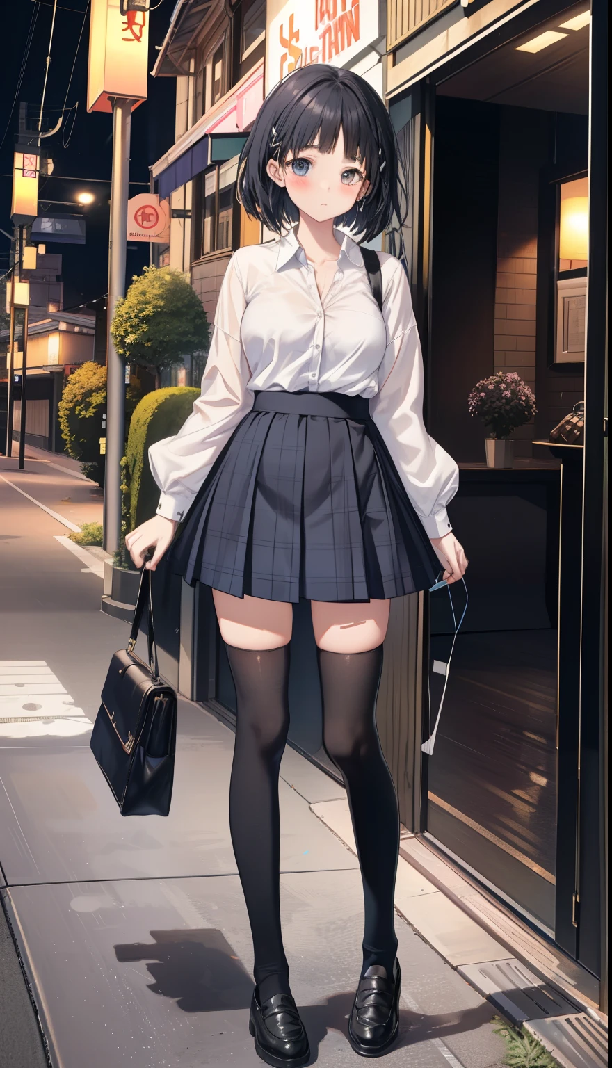 One Girl、positive、Standing posture、Full body portrait、Black Hair、Medium Haircut、blush、Absolute area、Black knee-high socks、Knee-length、stockings、Black Pantyhose、White underwear、Light blue shirt、Dark blue checked mini skirt、Japanese high school students、Summer clothes、Night entertainment district、night、(Very large breasts)、Cleavage、open chest shirt、((Lesbians around the world))、masterpiece、(highest quality)、
Panties around the ankles、Black Loafers、Shirt buttons fly off、Unbutton your shirt、Exposing the breasts、Bare your breasts