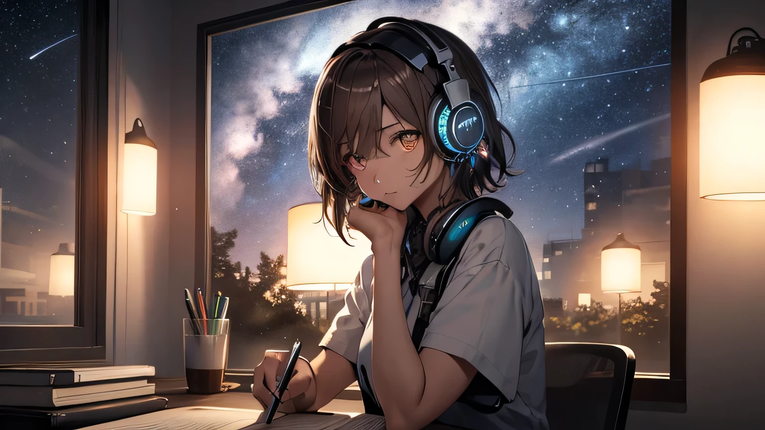 (Highly detailed CG Unity 8k wallpaper), The most beautiful works of art in the world, One girl, Short sleeve,Pastel colored clothes,Upper Body,Midnight、A girl studying at a desk with a pencil，Hair color is dark brown，short hair,Over ear headphones，Starry sky in the window