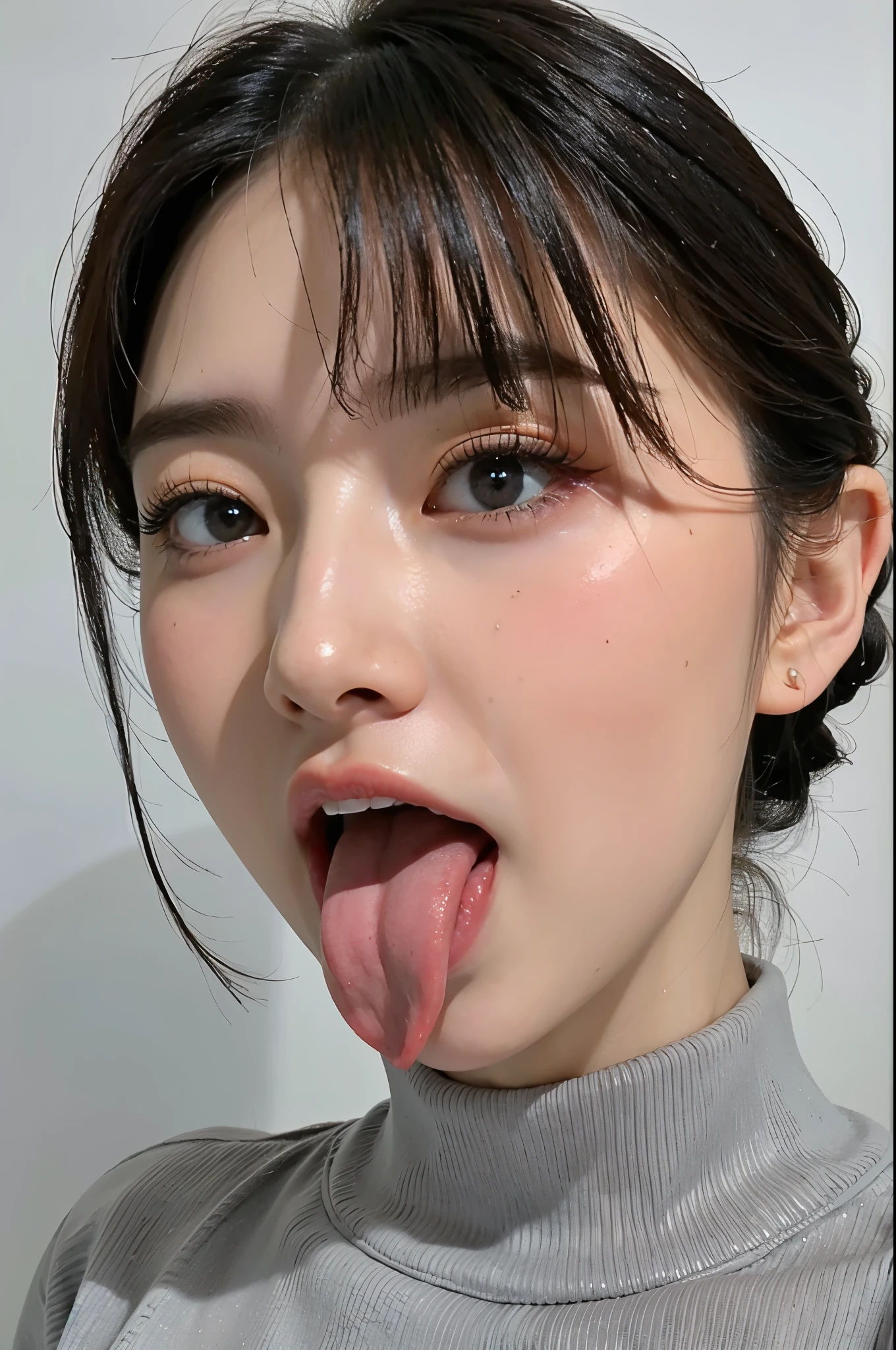 Tabletop、、Awards - Winning Photos、Very detailed、Face close-up、Keep your eyes focused、Nose and mouth、Face Focus、Woman with open mouth and closed eyes、Face Focusの接写,Off-the-shoulder knit、Age 35、Black Hair、Symmetrical face、Realistic nostrils、Angle from below、Elongated C-shaped nostrils、、、Sweaty skin、汗でShiny skinを強調する、((Sharp Nose))Skin shiny with sweat、Shiny skin、Big eyes、double eyelid、(My tongue is wet and shiny) ((Wet tongue)) ((Berokisu))10cm to camera lens、((Gray background,Semi-backlit,))Mugshot、Look this way、Wearing a turtleneck sweater、