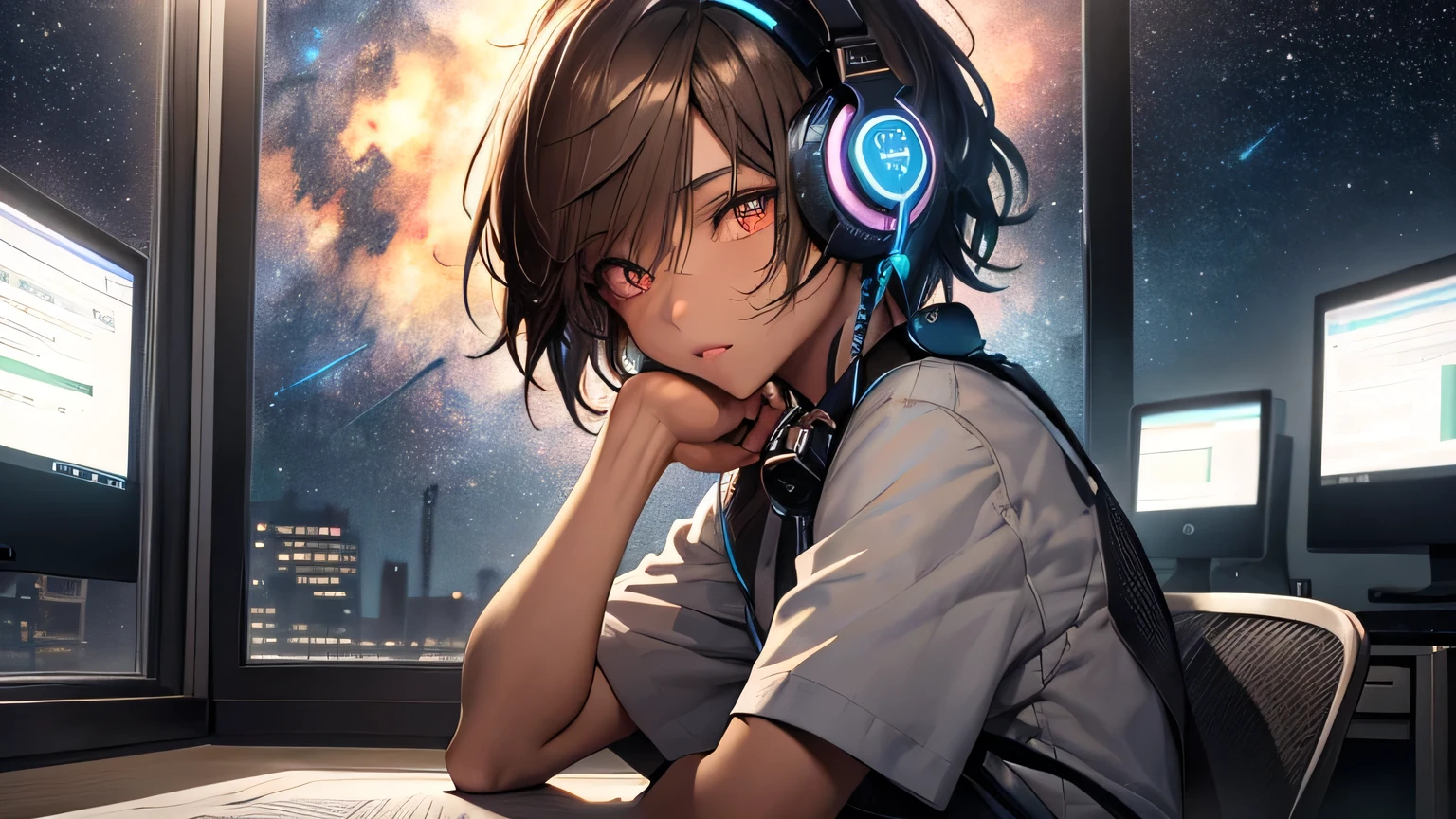 (Highly detailed CG Unity 8k wallpaper), The most beautiful works of art in the world, One girl, Short sleeve,Pastel colored clothes,Upper Body,Midnight、A girl studying at a desk with a pencil，Hair color is dark brown，short hair,Over ear headphones，Starry sky in the window