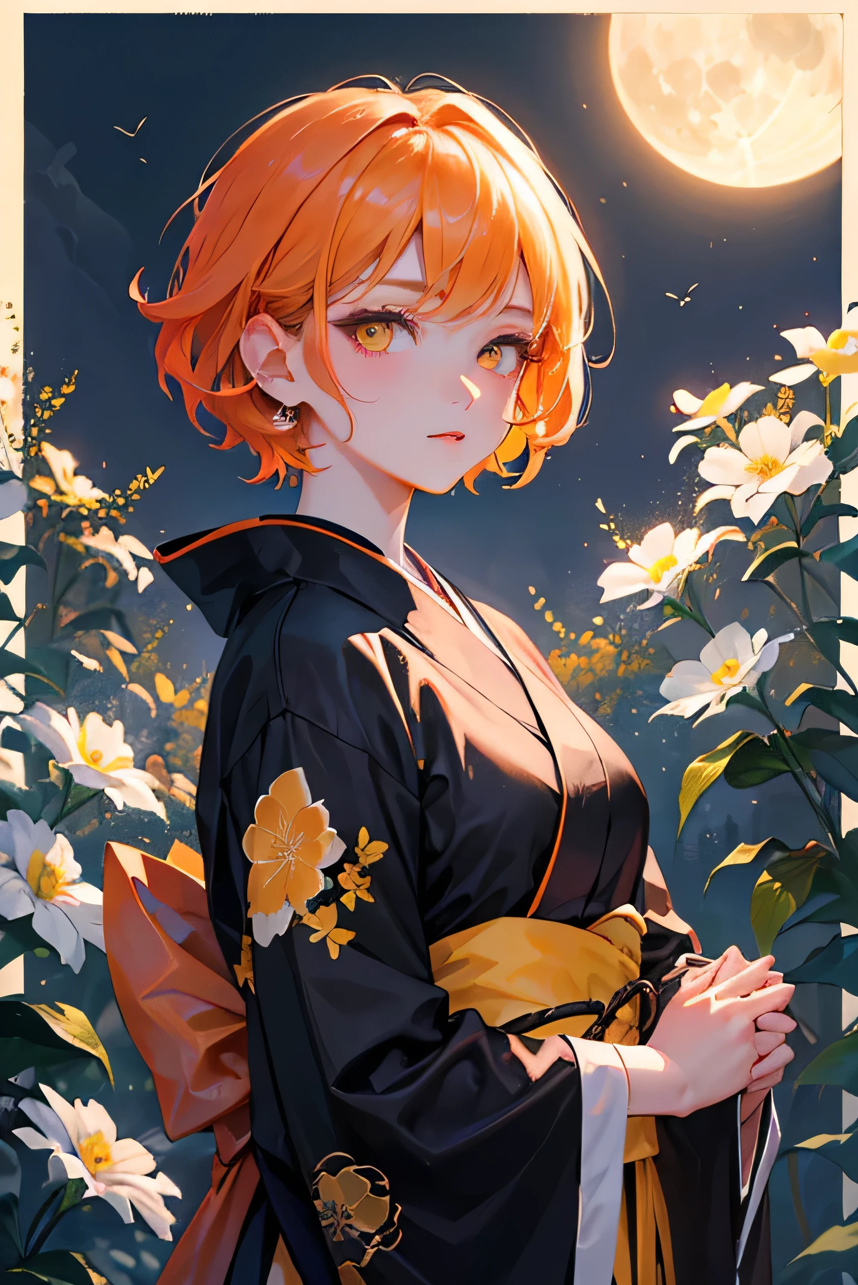 masterpiece, highest quality, so beautiful、up to date、Cool girl, Orange Hair, short hair, (Yellow Eyes)、Adult woman wearing black kimono、Moonlit Night、Face close-up、Flowers fluttering