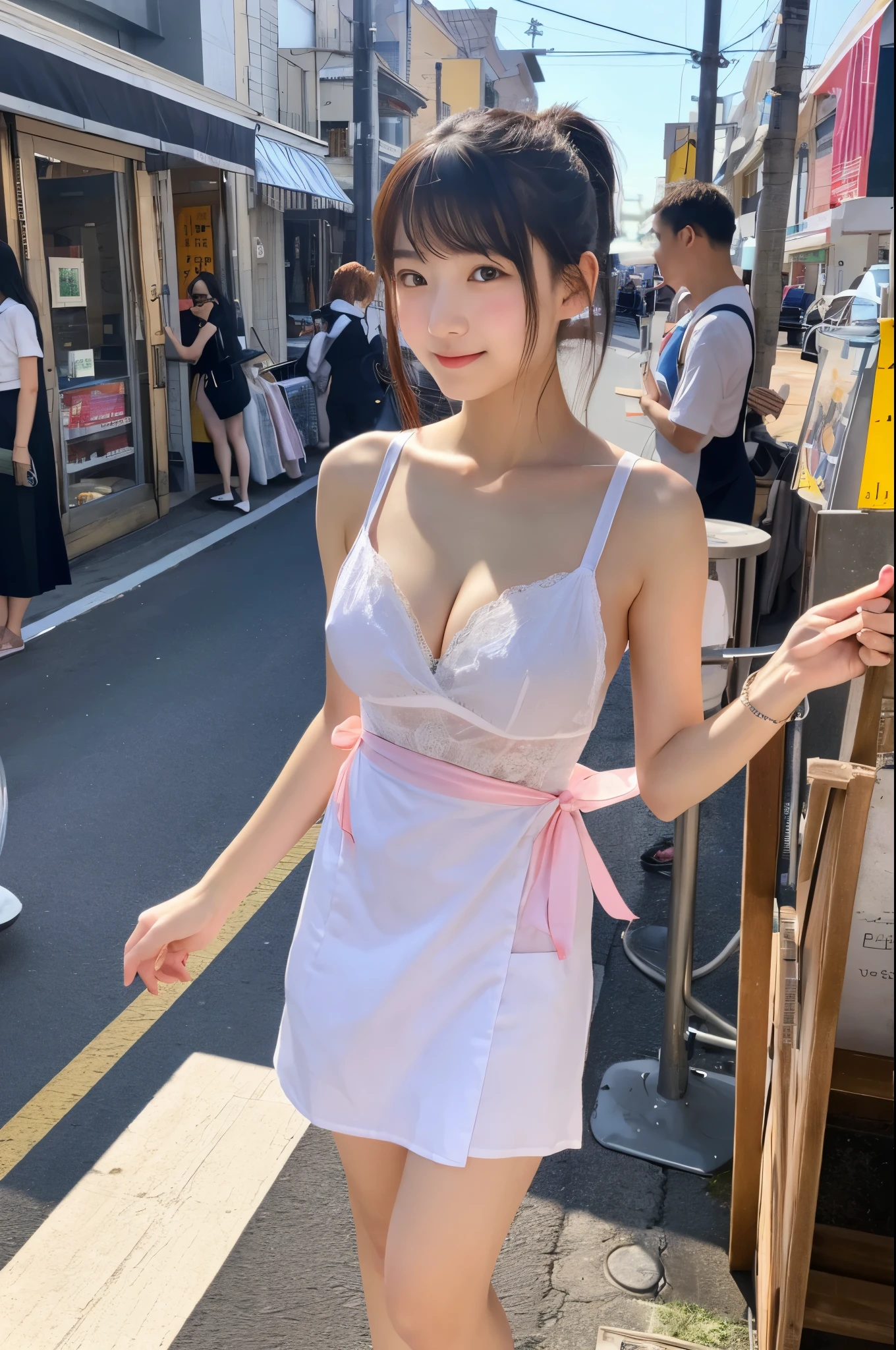 So cute like an idol、Cute and adorable、Cute 20 year old girl、Smiling Kindly、Naked with only an apron、Naked with only an apron、Naked under the apron、Cleavage、Full body portrait、walking down the city sidewalk、Accurate、Anatomically correct、Textured skin、Super Detail、 Attention to detail、highest quality、High resolution、Real、realism、Raw photo、Genuine、masterpiece