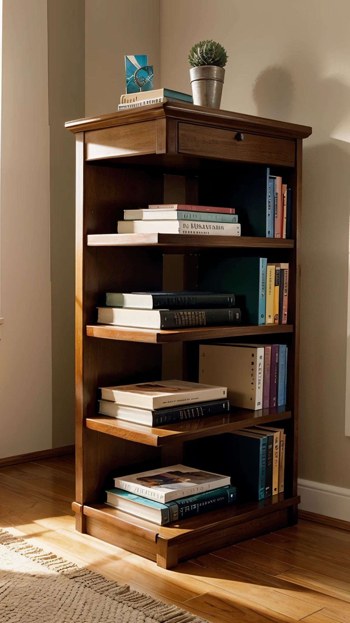 Organize your books by the color of their spines to create a visually appealing and artistic display.