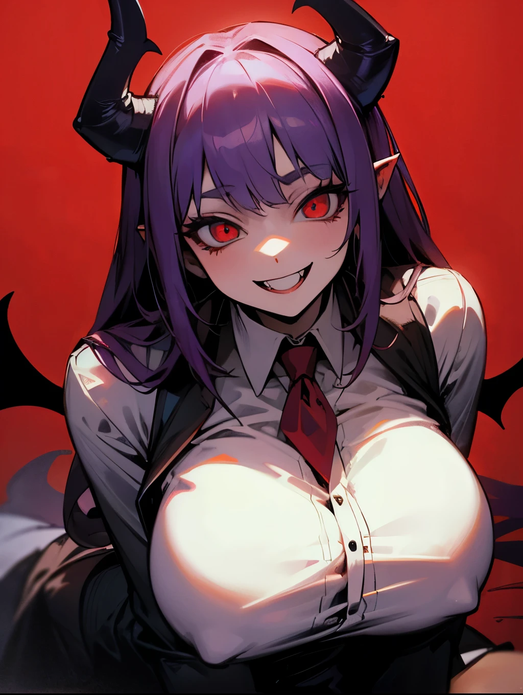 masterpiece, best quality, 1girl, vampire , half body , demon , huge body, terrifying smile, wearing a shirt