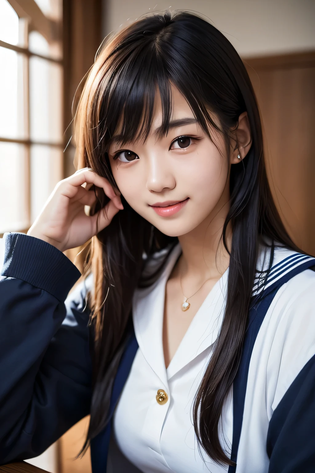 (masterpiece,stunningly realistic,Realistic,highest quality,16k),17 year old Japanese girl,Long black hair,Hairstyle Straight,smile,Navy blue sailor suit,Don&#39;t tuck your sailor uniform into your skirt,White sailor collar,Navy Pleated Mini Skirt,White knee-high socks,(Huge breasts),Narrow waist,In the classroom,Daytime,Cowboy Shot