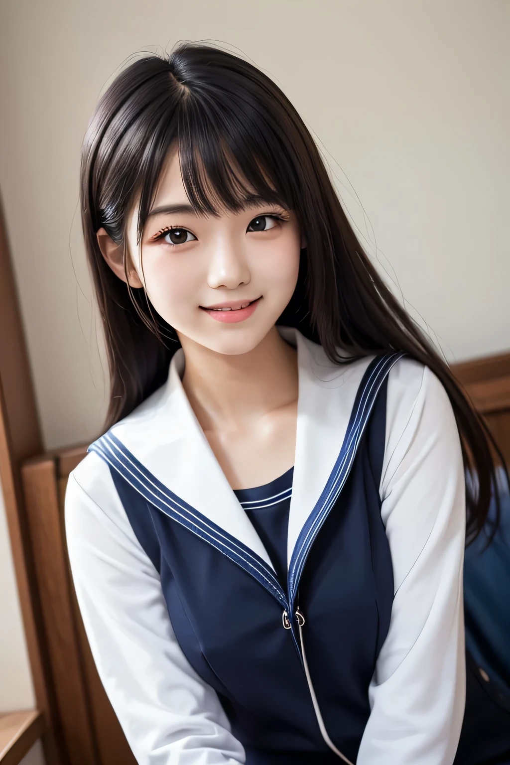 (masterpiece,stunningly realistic,Realistic,highest quality,16k), Japanese girl,Long black hair,Hairstyle Straight,smile,Navy blue sailor suit,White sailor collar,Don&#39;t tuck your sailor uniform into your skirt,Navy Pleated Mini Skirt,White knee-high socks,(Huge breasts:1.5),Narrow waist,In the classroom,Daytime,Cowboy Shot