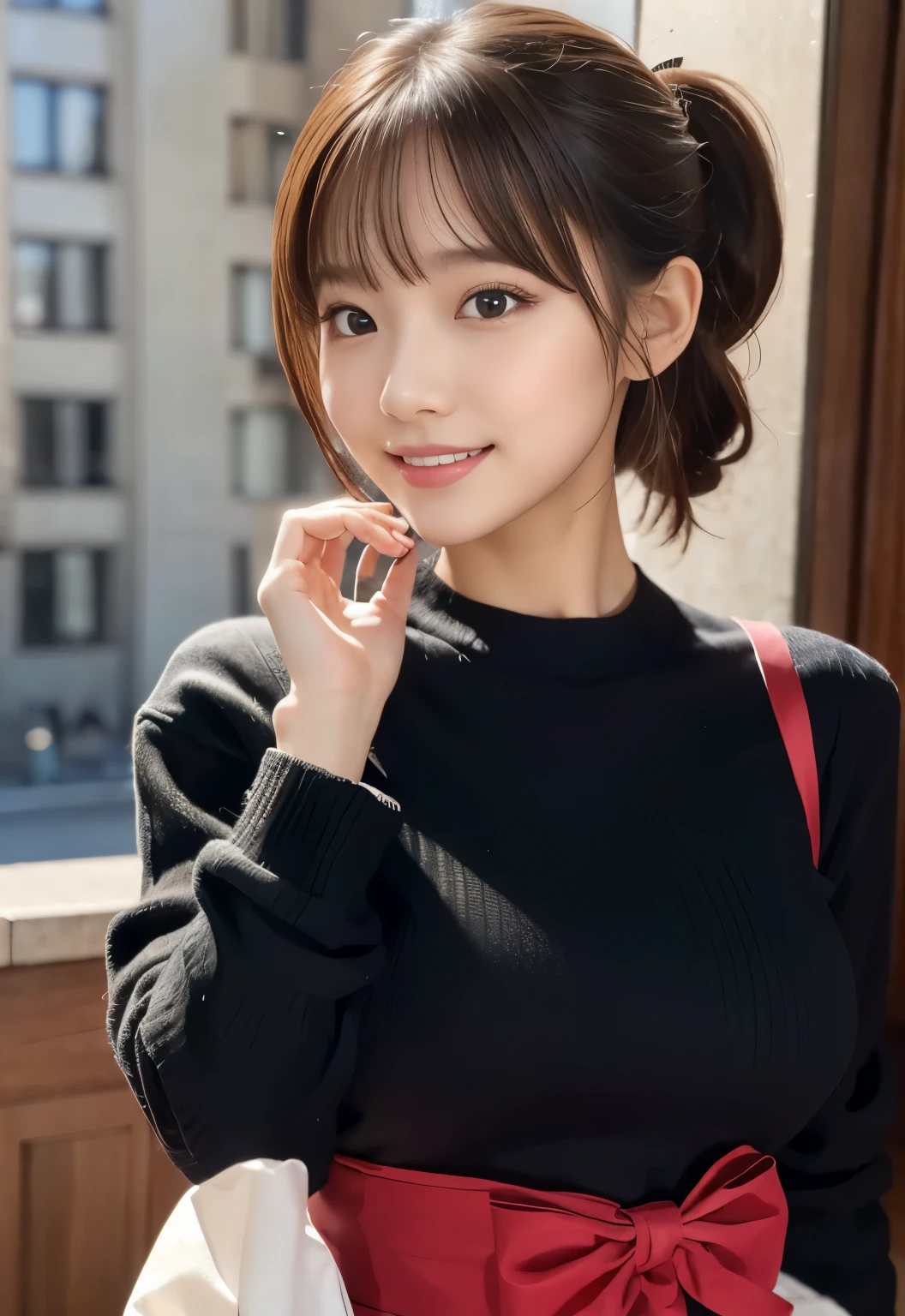 (masterpiece, best quality:1.1), (8k, raw photo, photo realistic:1.2, f22), (shiny skin), detailed skin,ponytail,ribbon,detailed face, detailed eyes,smile,BREAK, real world, intricate details, smil, BREAK, 1girl, full body,(long sleeve,ribbon,check pattern),BREAK, (evening:1.4)