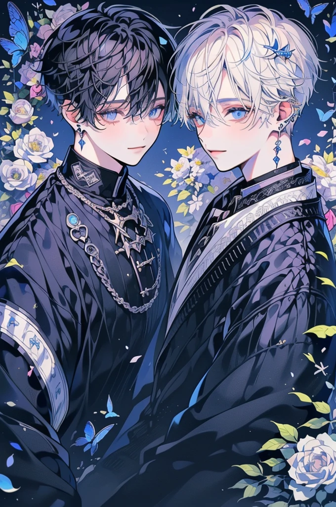 (muste piece), (highest quality), very detailed, (two boys:1.4), concentrated，perfect face, beautiful face, very detailed顔，(blue eyes:1.3)，flower，butterfly々，flower petals，Light，(smile:1.3)，(white haired boy:1.4)，(black haired boy:1.4)