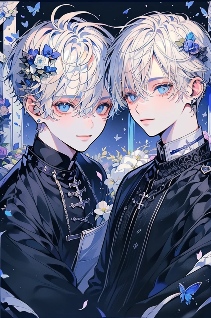 (muste piece), (highest quality), very detailed, (two boys:1.4), concentrated,perfect face, beautiful face, very detailed顔,(blue eyes:1.3),flower,butterfly々,flower petals,Light,(smile:1.3),(white haired boy:1.4),(black haired boy:1.4)