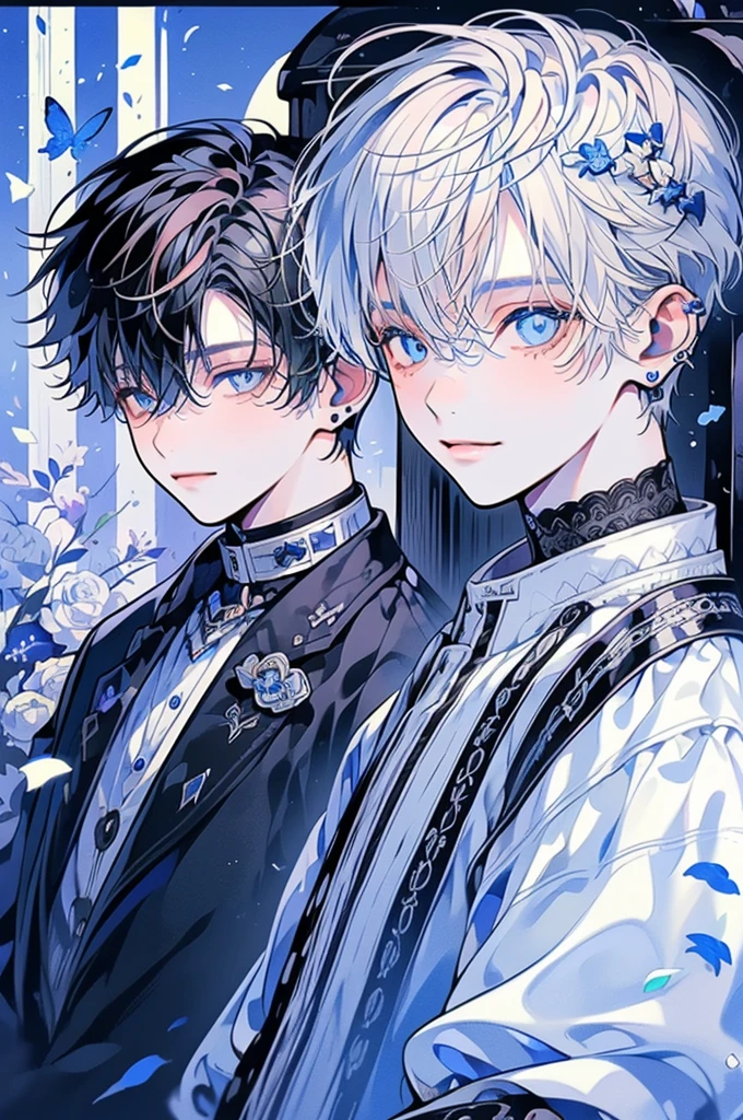 (muste piece), (highest quality), very detailed, (two boys:1.4), concentrated，perfect face, beautiful face, very detailed顔，(blue eyes:1.3)，flower，butterfly々，flower petals，Light，(smile:1.3)，(white haired boy:1.4)，(black haired boy:1.4)