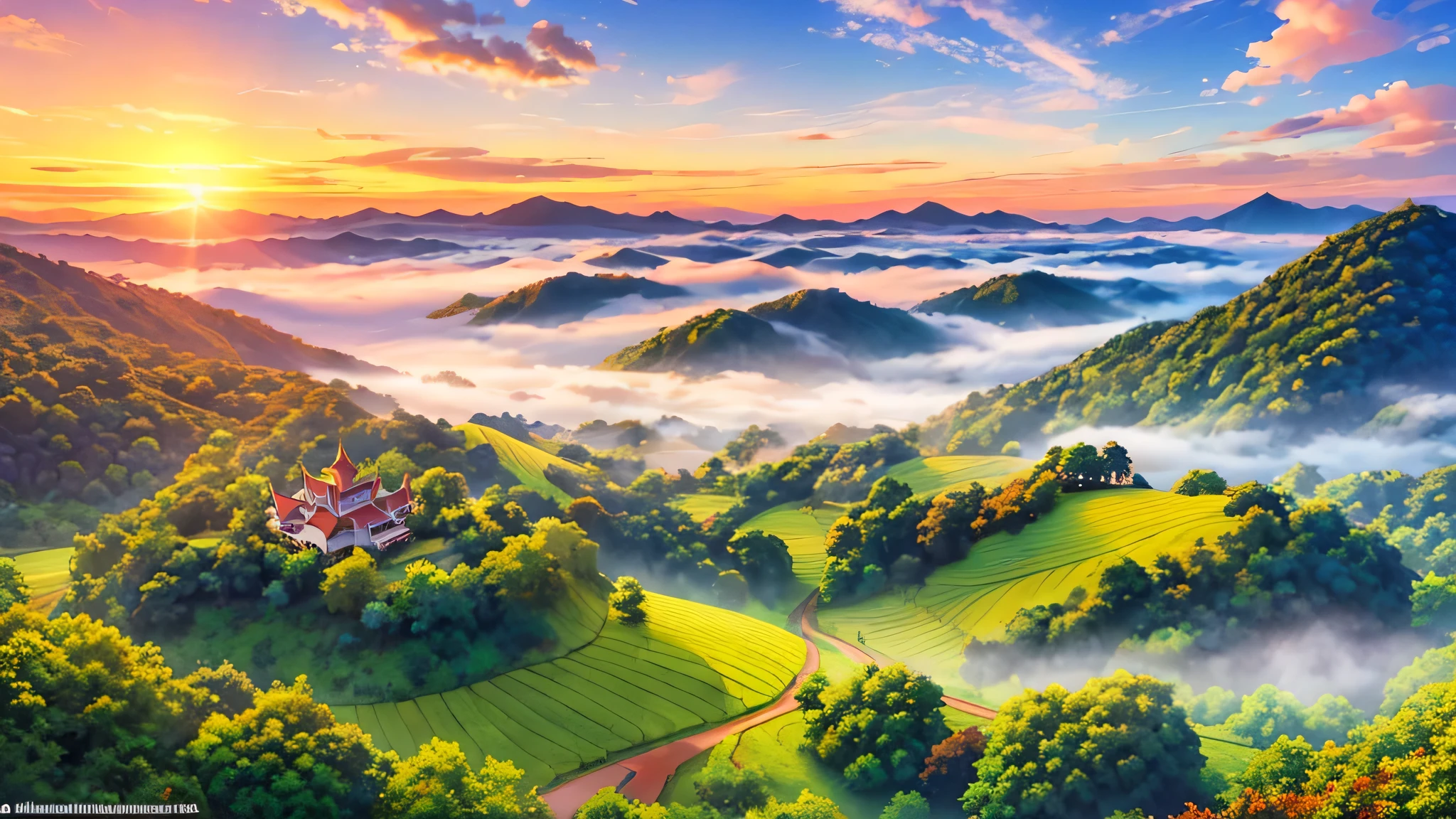 An anime-style panoramic drone shot captures the serene beauty of Chiang Rai's lush green mountains, enveloped in a gentle sea of mist at dawn.
Strawberry fields add vibrant patches of red to the landscape, contrasting with the verdant hues.
Above, the sky is a clear, brilliant blue, with the rising sun casting a soft, golden light that illuminates the scene with a dreamy glow.