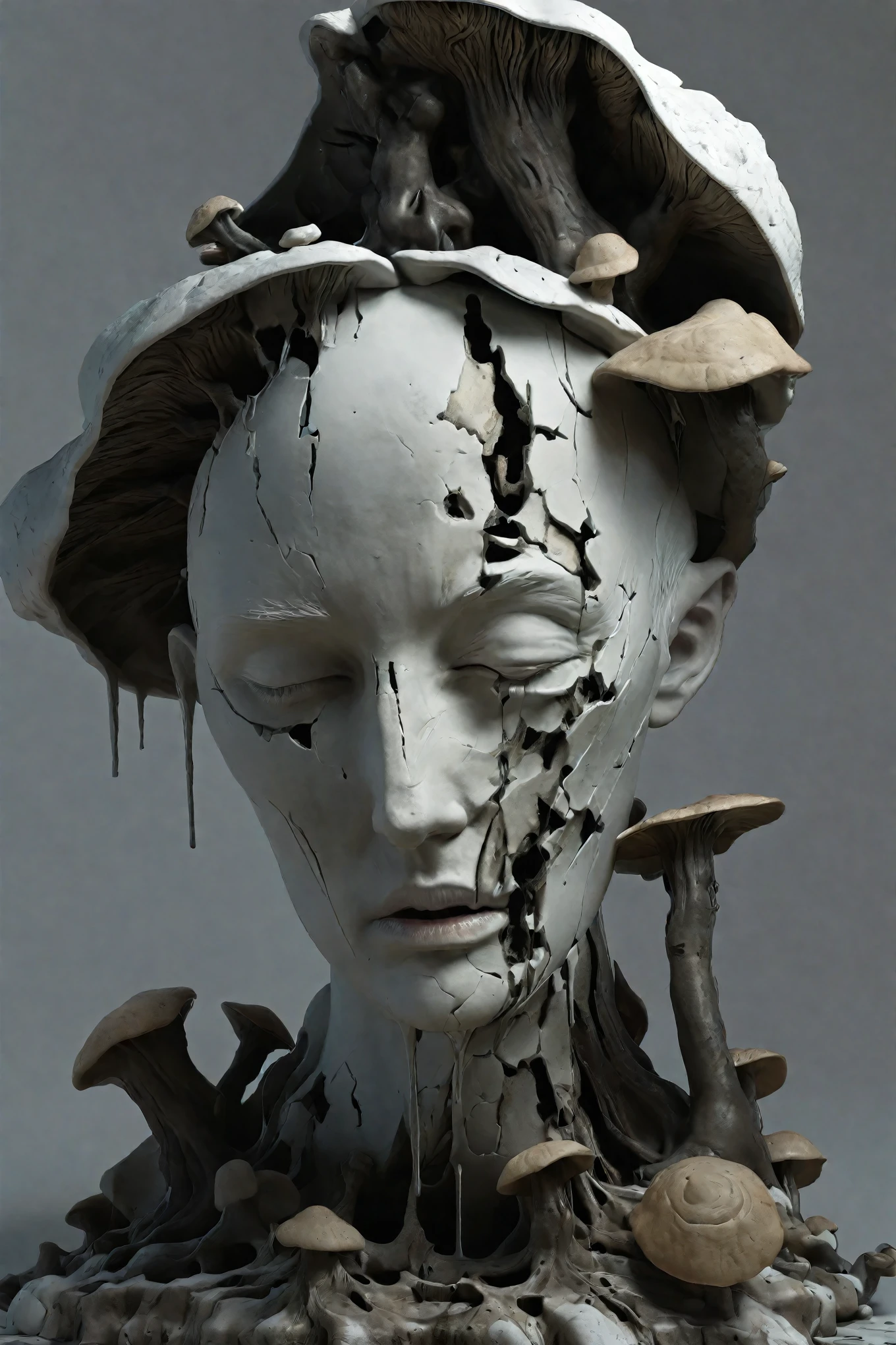  struggling in agony, surrounded by rotting fungus, 3D render, hyper detailed, photorealistic, Artistic statues，3D Sculpture，ceramics，Surface cracks，Shattered Texture