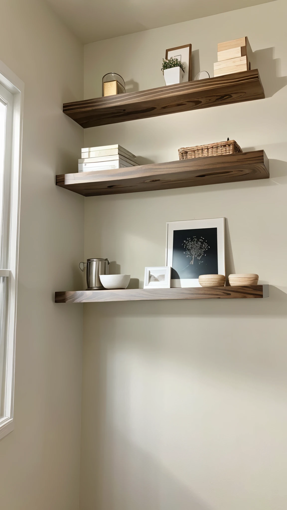 Install floating shelves to utilize vertical space and create a clean, modern look.