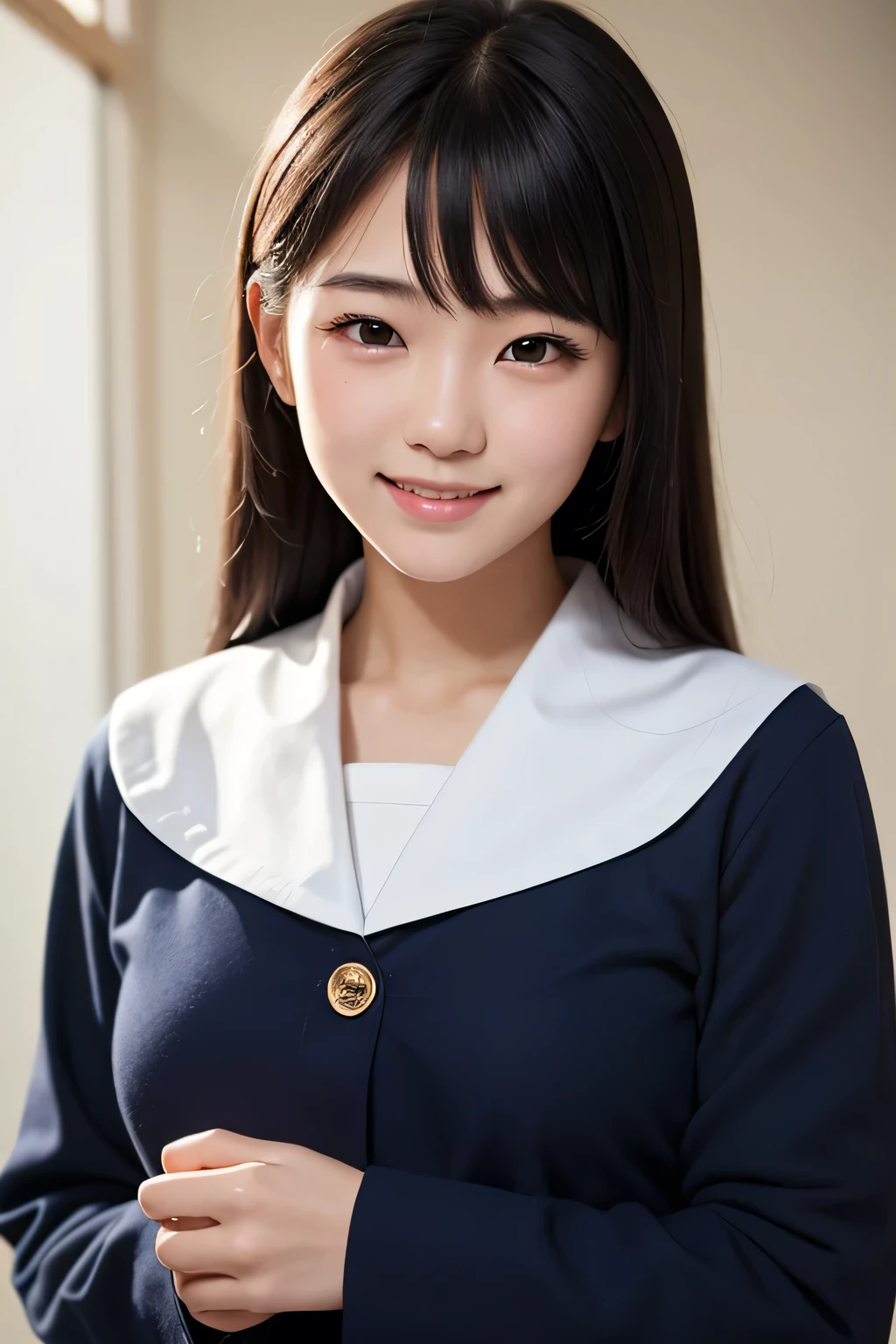 (masterpiece,stunningly realistic,Realistic,highest quality,16k),17 year old Japanese girl,Long black hair,Hairstyle Straight,smile,Navy blue sailor suit,White sailor collar,Don&#39;t tuck your sailor uniform into your skirt,Navy Pleated Mini Skirt,White knee-high socks,(Huge breasts:1.9),Narrow waist,In the classroom,Daytime,Cowboy Shot