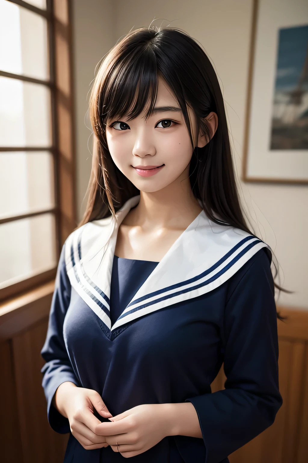 (masterpiece,stunningly realistic,Realistic,highest quality,16k), Japanese girl,Long black hair,Hairstyle Straight,smile,Navy blue sailor suit,White sailor collar,Don't tuck your sailor uniform into your skirt,Navy Pleated Mini Skirt,White knee-high socks,(Huge breasts:1.9),Narrow waist,In the classroom,Daytime,Cowboy Shot