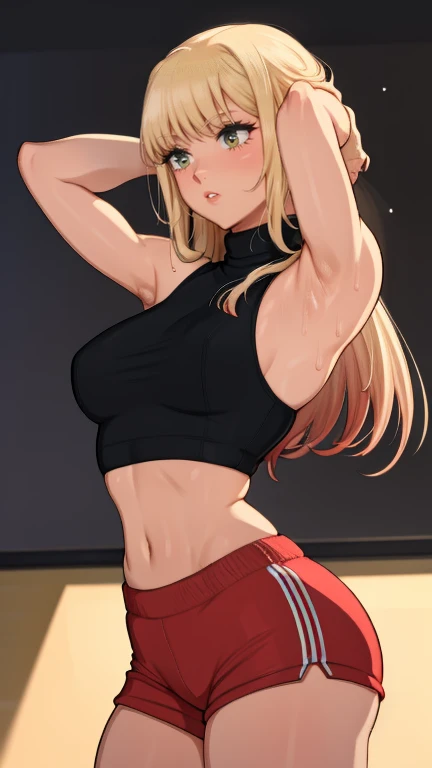 gym background、Super detailed illustrations、Super precise expression、masterpiece、highest quality、ultra high resolution、high resolution、(Sweat、body fluid)、shiny skin、blonde hair、long hair、red eyes、black croptop turtleneck、sleeveless、Standing picture、hot pants、put hands behind head, armpits, armpits visible, sweaty armpits, small breasts