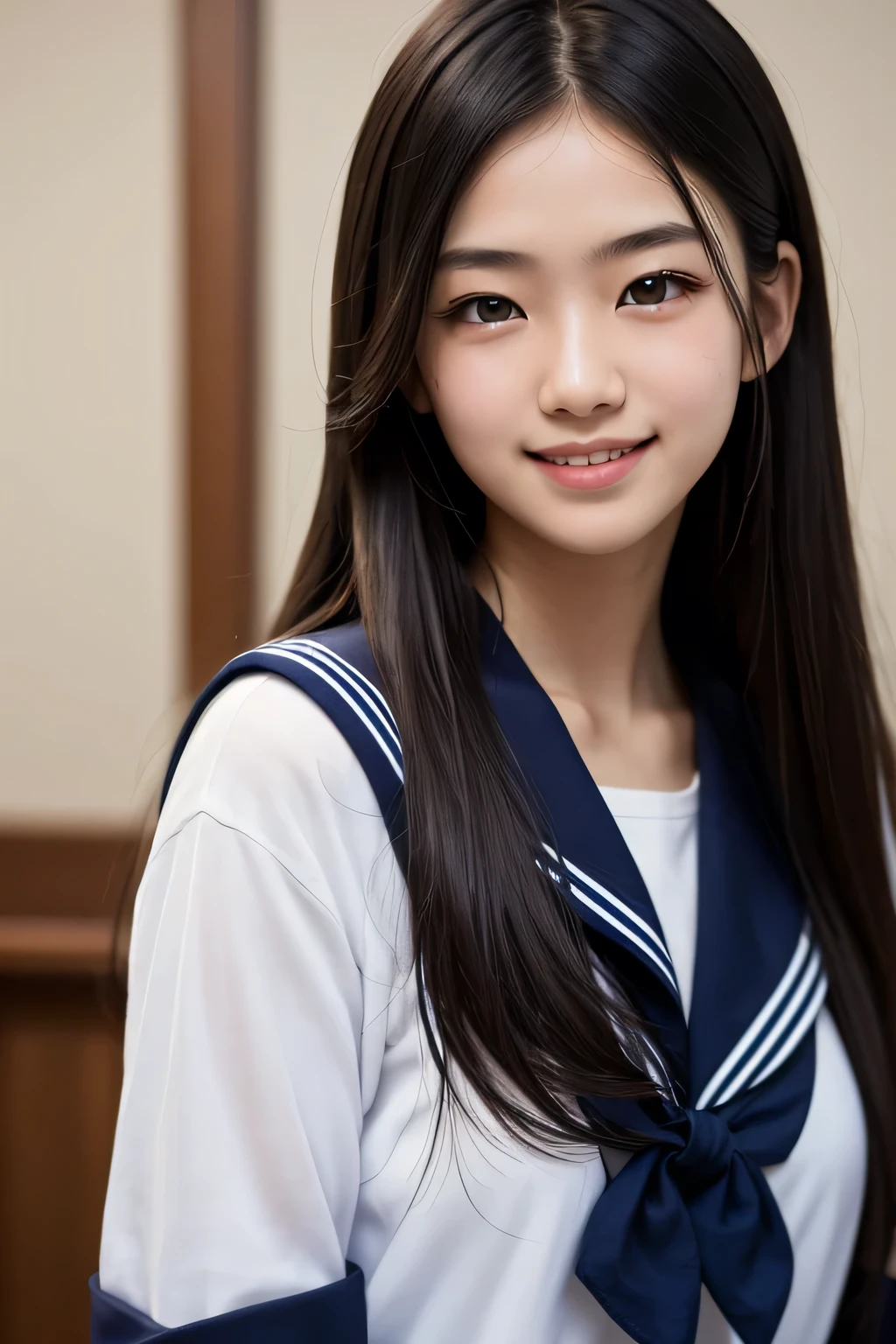 (masterpiece,stunningly realistic,Realistic,highest quality,16k),17 year old Japanese girl,Long black hair,Hairstyle Straight,smile,Navy blue sailor suit,White sailor collar,Don&#39;t tuck your sailor uniform into your skirt,Navy Pleated Mini Skirt,White knee-high socks,(Huge breasts:1.5),Wear underwear,Narrow waist,In the classroom,Daytime,Cowboy Shot