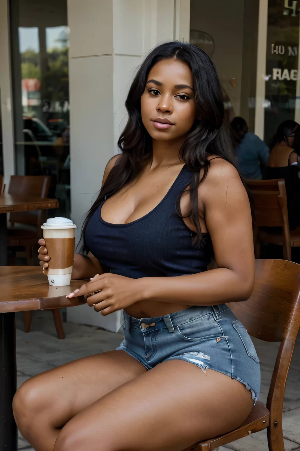 A beautiful voluptuous  dark-complexion Trinidadian woman with long dark hair a coffee cup on the table and sitting at a cafe. Wearing denim shorts, a tank top and duster. Hd