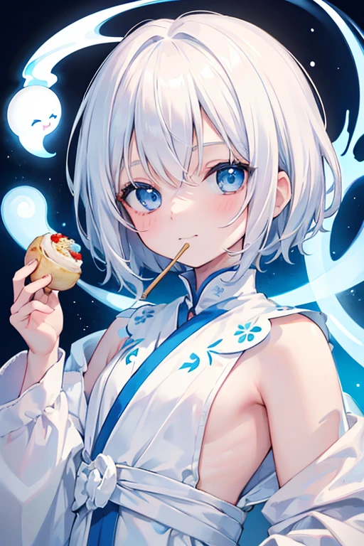 (Masterpiece), highest quality, 1 girl, (androgynous), ghost, white hair, short hair, light blue eyes with no pigment, lifeless white skin, white and light blue costume, () , young, smiling, breastless, eating takoyaki, ghost, high quality