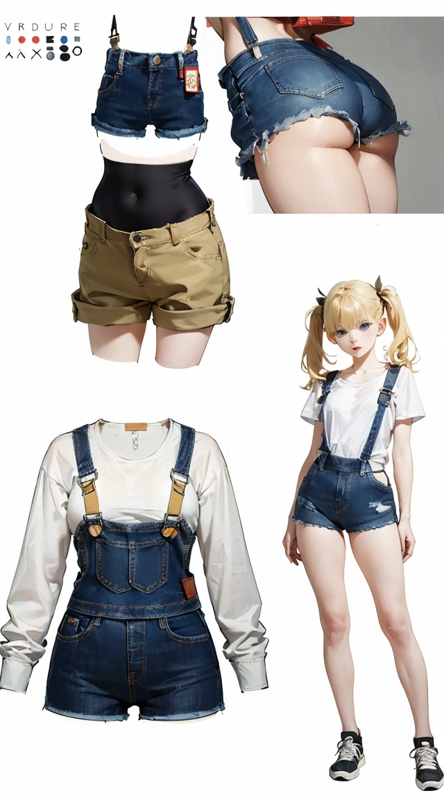 (absurdres, highres, ultra detailed),(absurdres, highres, ultra detailed), 1 girl, (()), finely detailed eyes and detailed face, warm smile, (low single side twintail bum with blunt bangs hairstyle), (((wearing a white T-Shirt beneath a jeans baggy denim shortall shorts))), sneakers, cute expression, ((anime character sheet)), (((full body))), (several poses and expressions), blue eyes, ((blonde hair)), dynamic pose, (((pale skin))), white background