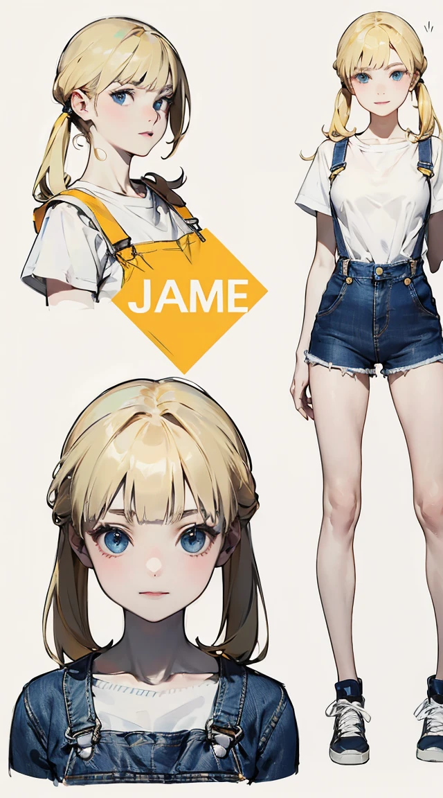 (absurdres, highres, ultra detailed),(absurdres, highres, ultra detailed), 1 girl, ((14 year old)), finely detailed eyes and detailed face, warm smile, (low single side twintail bum with blunt bangs hairstyle), (((wearing a white T-Shirt beneath a jeans baggy denim shortall shorts))), sneakers, cute expression, ((anime character sheet)), (((full body))), (several poses and expressions), blue eyes, ((blonde hair)), dynamic pose, (((pale skin))), white background