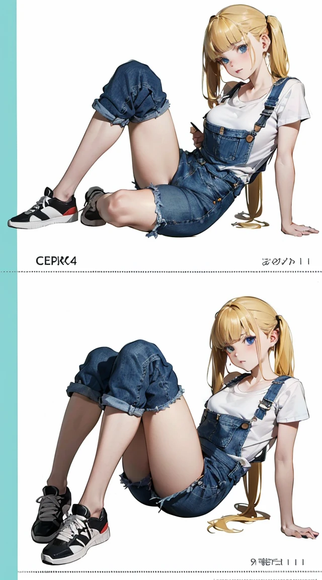 (absurdres, highres, ultra detailed),(absurdres, highres, ultra detailed), 1 girl, (()), finely detailed eyes and detailed face, warm smile, (low single side twintail bum with blunt bangs hairstyle), (((wearing a white T-Shirt beneath a jeans baggy denim shortall shorts))), sneakers, cute expression, ((anime character sheet)), (((full body))), (several poses and expressions), blue eyes, ((blonde hair)), dynamic pose, (((pale skin))), white background