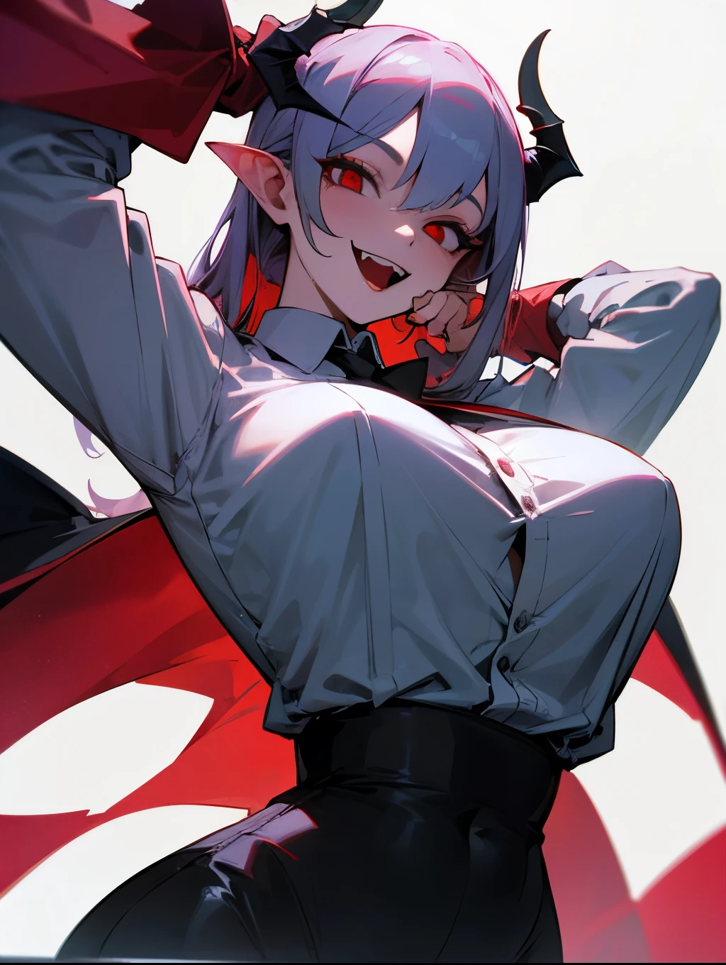 masterpiece, best quality, 1girl, vampire , half body , demon , huge body, terrifying smile, wearing a shirt