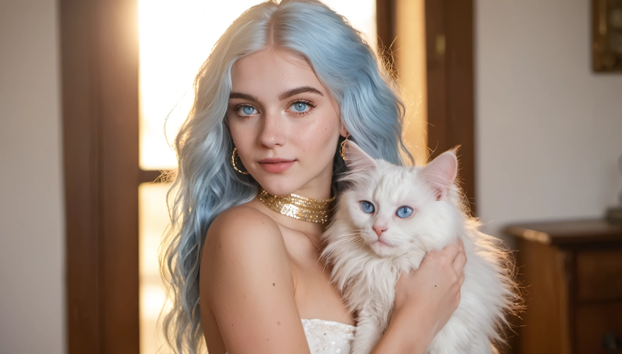 (1girl:1.15) holding a cat in her arms, beautiful fluffy cat, girl has long voluminous fluffy blue hair, perfect eyes, (European:1.3), blue eyes, 25 years old, young, (white dress:1.3), perfect body,  body, (large earrings:1.2), (golden and diamond jewelry:1.2), (inviting expression:1.3), choker, (cream eyeliner:1.3), with subtle freckles, subtle skin blemishes, visible skin pores, natural skin texture, cozy castle bedroom, window, photorealistic, masterpiece, (golden hour:1.3), (warm glow:1.3), warm colors, (50mm f/1.2 portrait:1.3), RAW Photograph, leica full frame camera, high quality, insane details, masterpiece, 8k