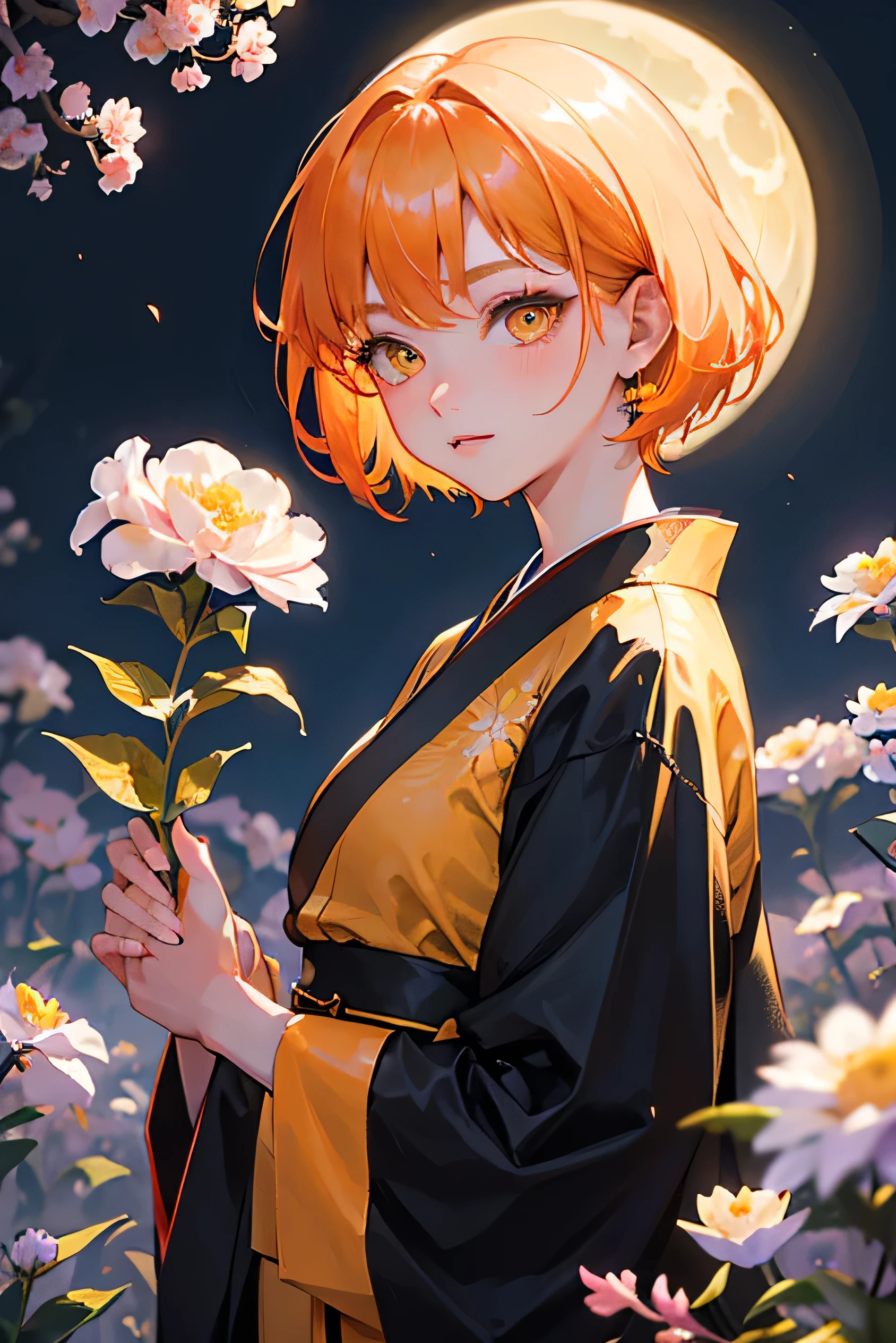 masterpiece, highest quality, so beautiful、up to date、Cool girl, Orange Hair, short hair, (Yellow Eyes)、Adult woman wearing black kimono、Moonlit Night、Face close-up、Flowers fluttering