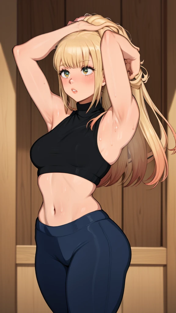 gym background、Super detailed illustrations、Super precise expression、masterpiece、highest quality、ultra high resolution、high resolution、(Sweat、body fluid)、shiny skin、blonde hair、long hair、red eyes、black croptop turtleneck、sleeveless、Standing picture、hot pants、put hands behind head, armpits, armpits visible, sweaty armpits, small breasts