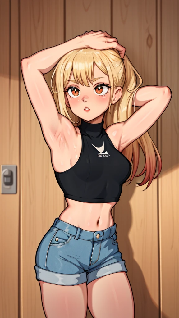 gym background、Super detailed illustrations、Super precise expression、masterpiece、highest quality、ultra high resolution、high resolution、(Sweat、body fluid)、shiny skin、blonde hair、long hair、red eyes、black croptop turtleneck、sleeveless、Standing picture、hot pants、put hands behind head, armpits, armpits visible, sweaty armpits, small breasts