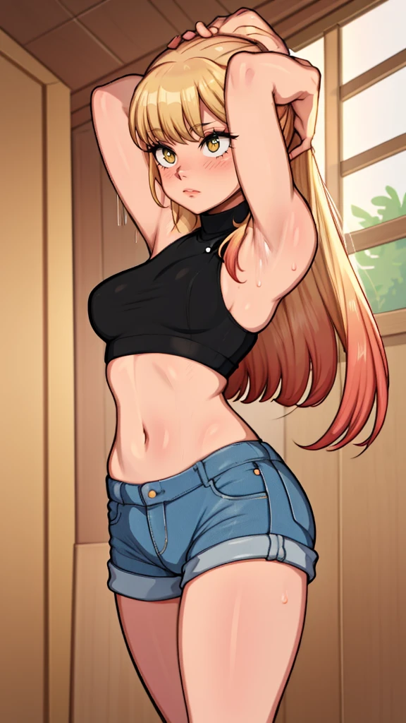 gym background、Super detailed illustrations、Super precise expression、masterpiece、highest quality、ultra high resolution、high resolution、(Sweat、body fluid)、shiny skin、blonde hair、long hair、red eyes、black croptop turtleneck、sleeveless、Standing picture、hot pants、put hands behind head, armpits, armpits visible, sweaty armpits, small breasts