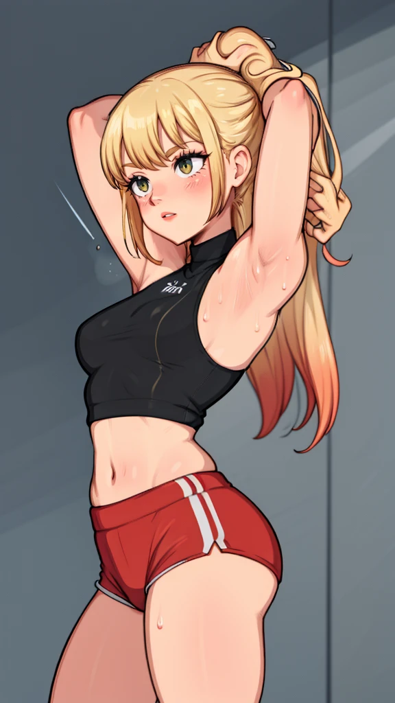 gym background、Super detailed illustrations、Super precise expression、masterpiece、highest quality、ultra high resolution、high resolution、(Sweat、body fluid)、shiny skin、blonde hair、long hair、red eyes、black croptop turtleneck、sleeveless、Standing picture、hot pants、put hands behind head, armpits, armpits visible, sweaty armpits, small breasts