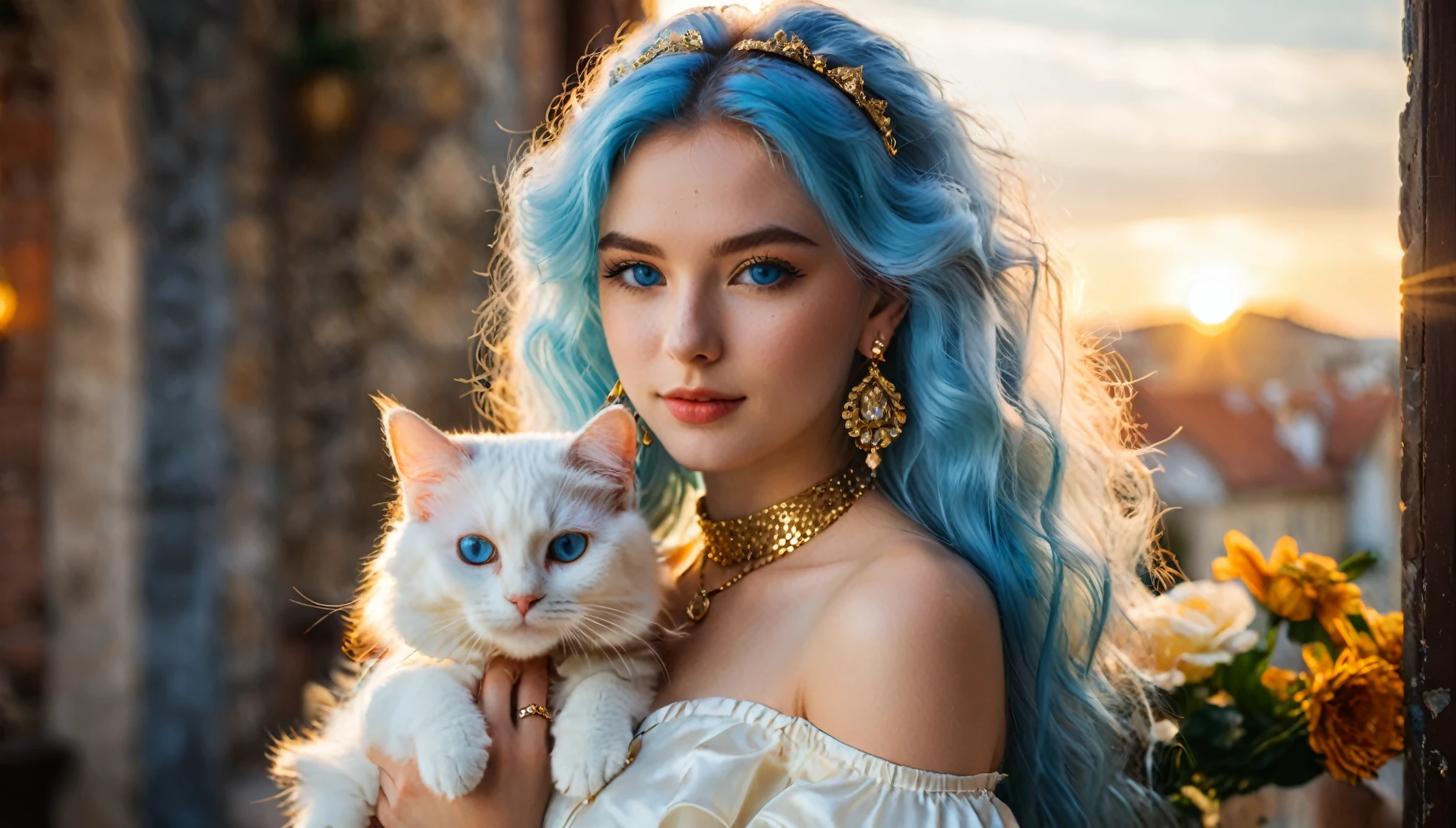 (1girl:1.15) holding a cat in her arms, beautiful fluffy cat, girl has long voluminous fluffy blue hair, perfect eyes, (European:1.3), blue eyes, 25 years old, young, (white dress:1.3), perfect body, body, (large earrings:1.2), (golden and diamond jewelry:1.2), (inviting expression:1.3), choker, (cream eyeliner:1.3), with subtle freckles, subtle skin blemishes, visible skin pores, natural skin texture, cozy castle bedroom, window, photorealistic, masterpiece, (golden hour:1.3), (warm glow:1.3), warm colors, (50mm f/1.2 portrait:1.3), RAW Photograph, leica full frame camera, high quality, insane details, masterpiece, 8k