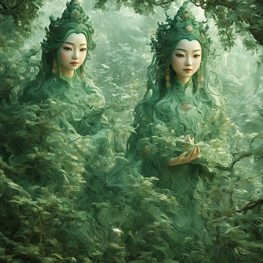 Wu Gongnuan China Artist Jade Figurine, Fairytale Visionary, digital illustration art, Details, Inspired by Rococo, Serene face, Green, Realistic hyper-detailed rendering
