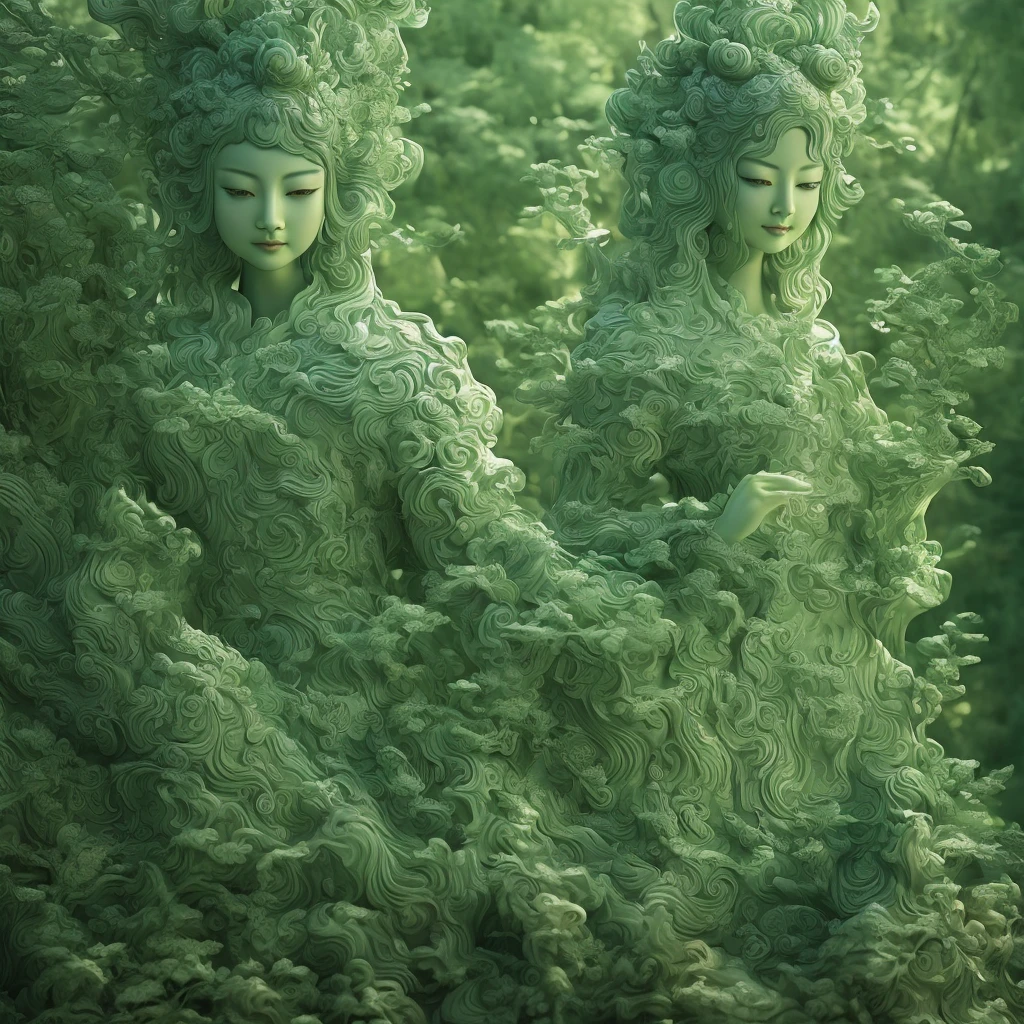 Wu Gongnuan China Artist Jade Figurine, Fairytale Visionary, digital illustration art, Details, Inspired by Rococo, Serene face, Green, Realistic hyper-detailed rendering