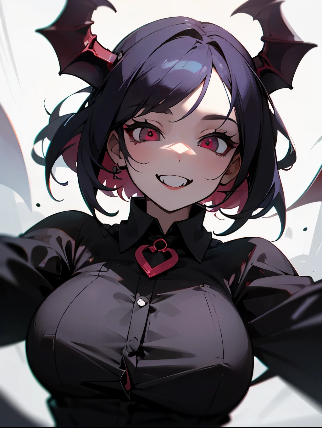 masterpiece, best quality, 1girl, vampire , half body , demon , huge body, terrifying smile, wearing a shirt