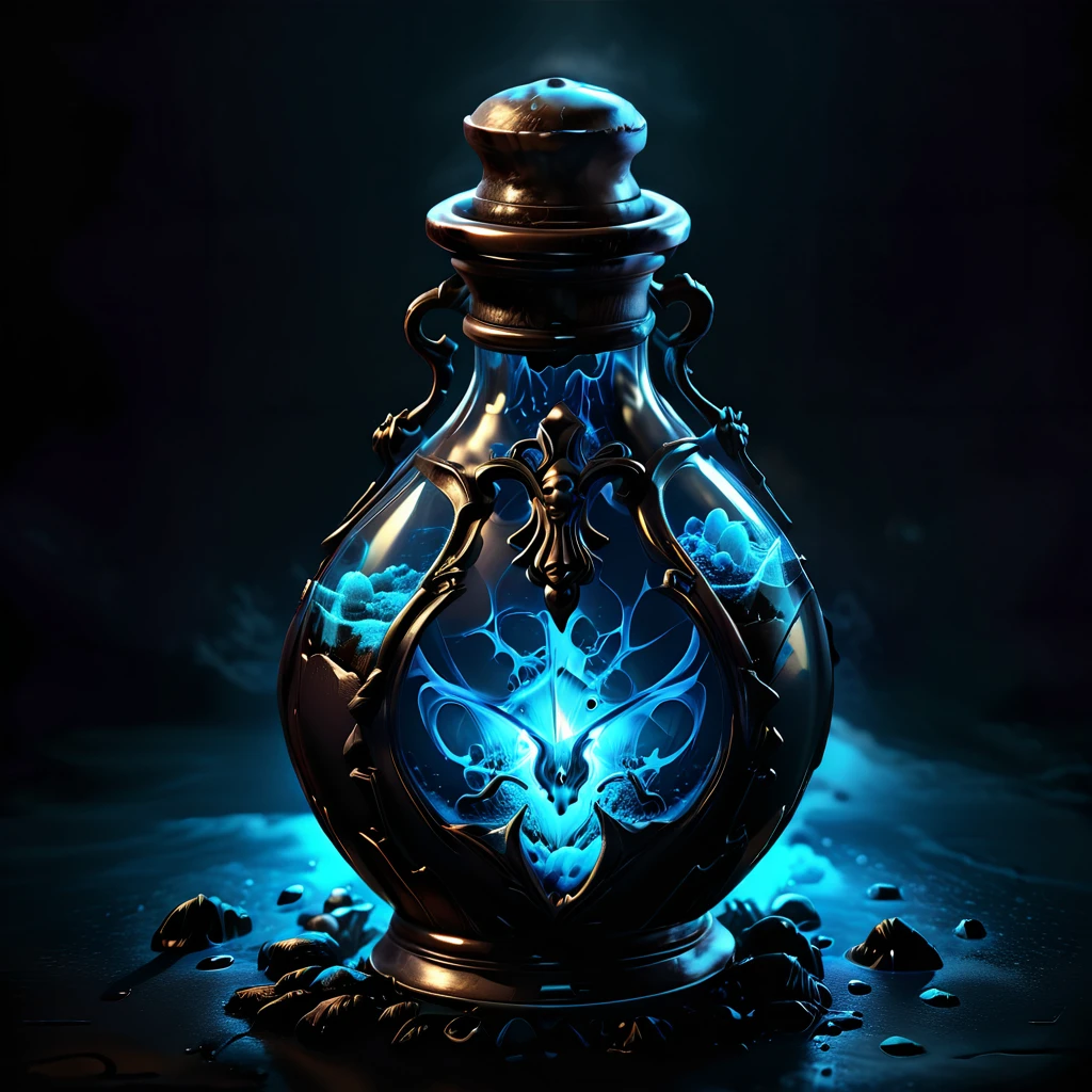 potion with skull inside, poison, blue glowing liquid, 4k, realistic, phograph, black background, simple background, game icon