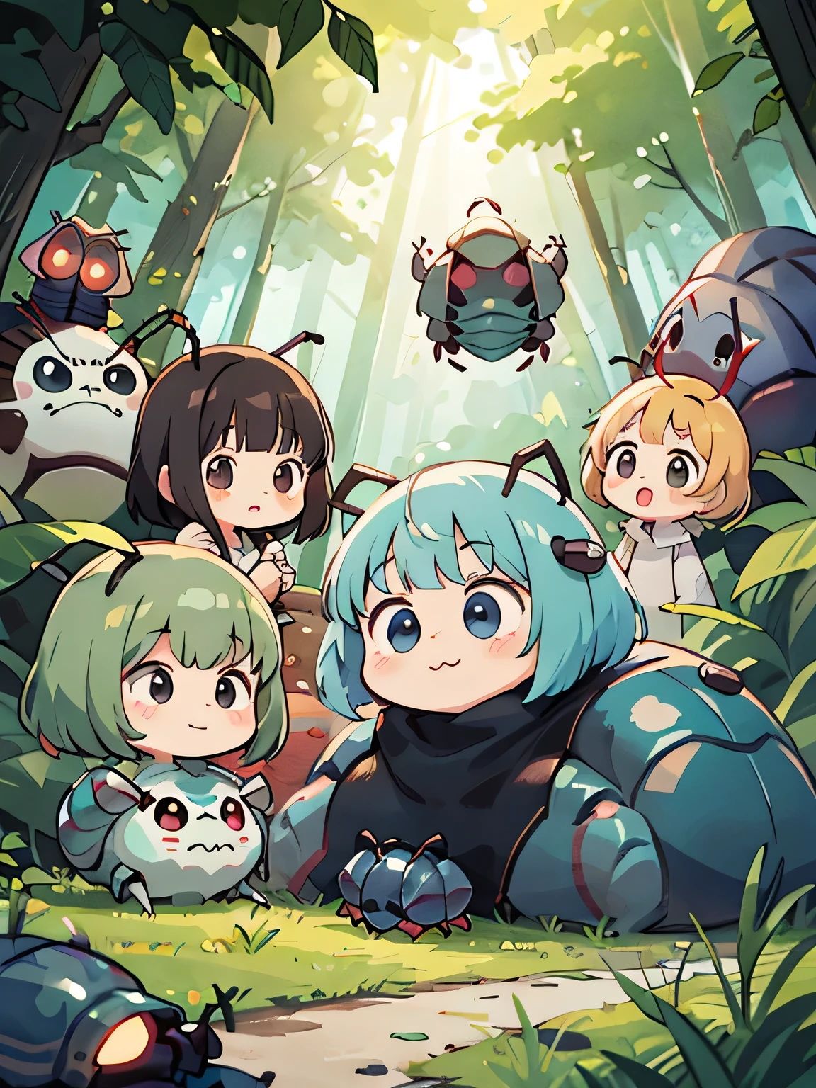 hayao miyazaki style, Kawaii Design, (((10 people)))、most beautiful girl ever、Chibi, Colorful bob hair、((Lots of friends))、(((Cute pillbug)))、Totoro Forest