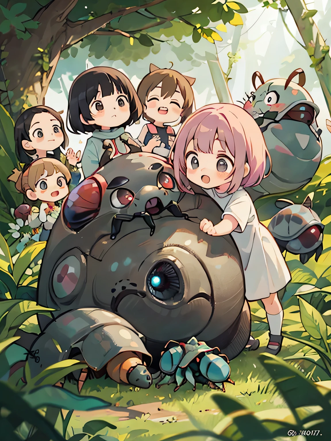 hayao miyazaki style, Kawaii Design, (((10 people)))、most beautiful girl ever、Chibi, Colorful bob hair、((Lots of friends))、(((Cute pillbug)))、Totoro Forest