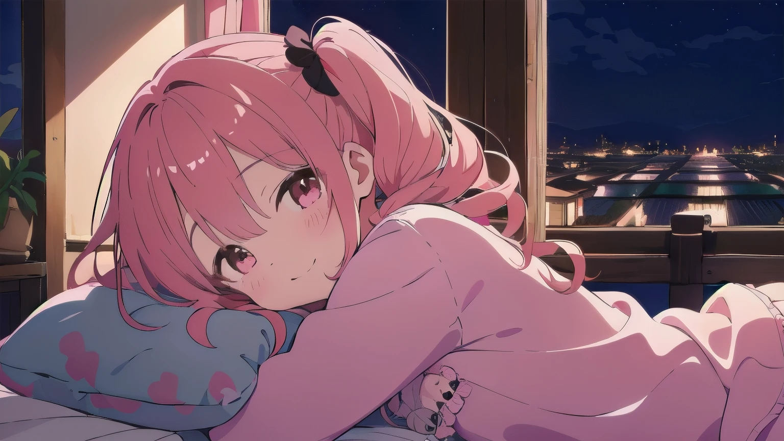 Very detailed, Detailed Background, (highest quality, masterpiece, High resolution), One girl, Curly hair twin tails, smile, Mid-chest, Pink Hair, Upper Body, pajamas, long hair、 (night:1.4)、The rice fields can be seen from the window, Dimly lit room, Co-sleeping style,