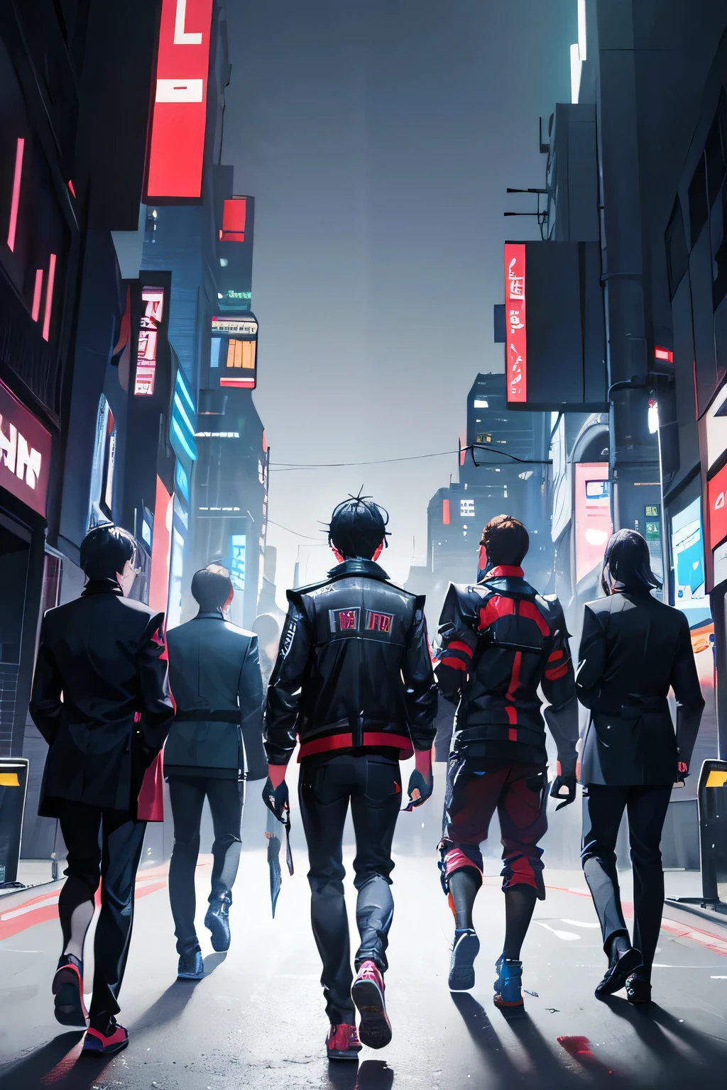 The backs of five men running forward，There are five men in the picture，Wearing fashionable and cool jacket，Cyberpunk，whole body