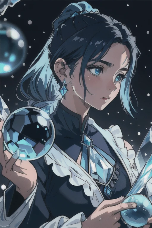 masterpiece,best quality,8K,wallpaper,depth of field,a girl,solo,blue hair,water magic,magician,black hair accessories,jewelry,hair ornament,staff,(beautiful detail light blue crystal ball:1.2),low ponytail,night,long hair,winter,drop earring,close up