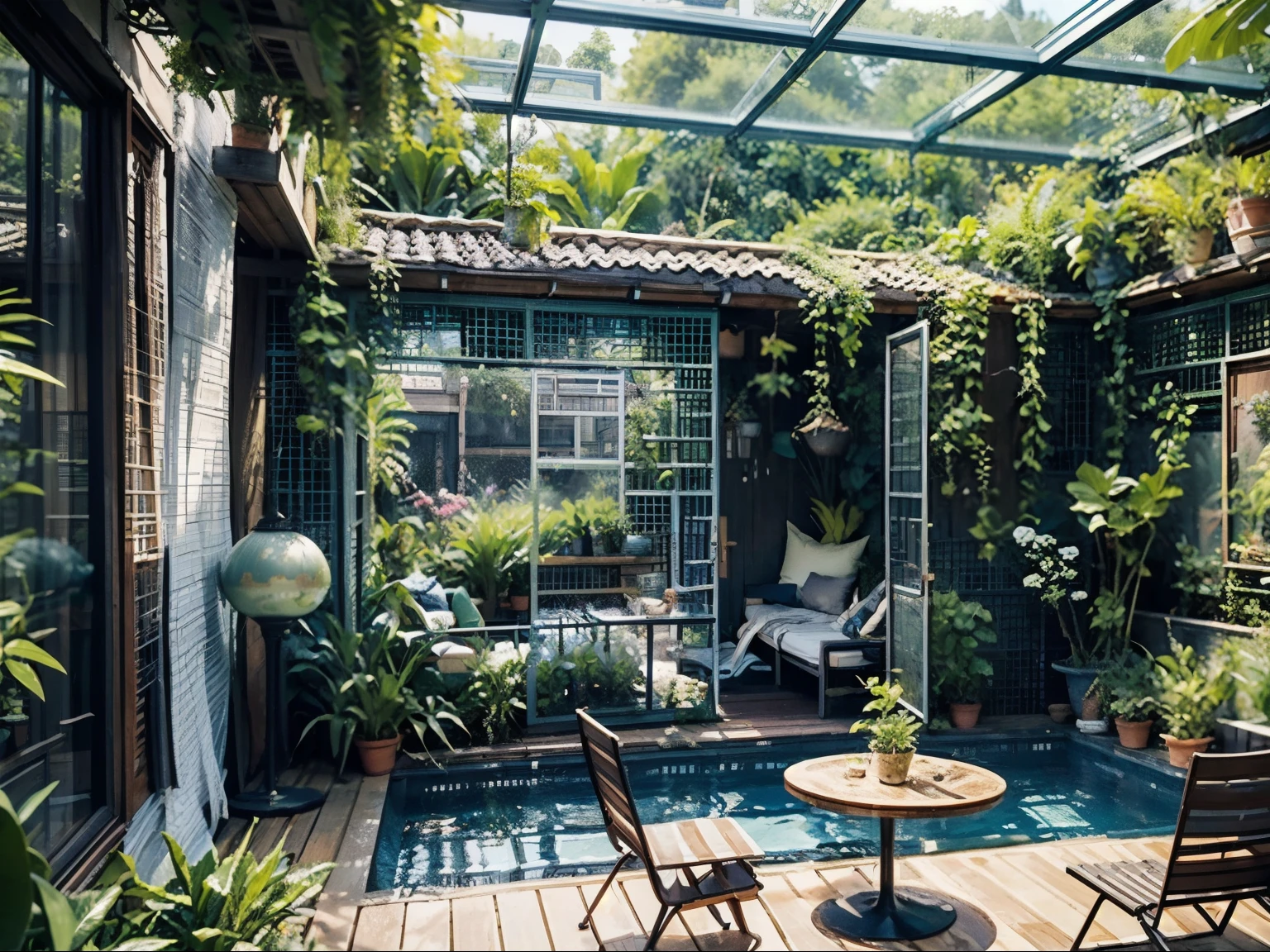 The yard is designed with a grape trellis above, a ceiling made of corrugated iron and poly panels, and an aquarium, a close up of a patio with a couch and a pond, a digital rendering by Paulus Decker, shutterstock, dense with greenery, plants and patio, green terrace, jungle setting, vibrant greenery outside, roof garden, beautiful terrace, many plants and infinite pool, lush oasis, lush garden surroundings, plants and jungle, tropical setting, renaissance