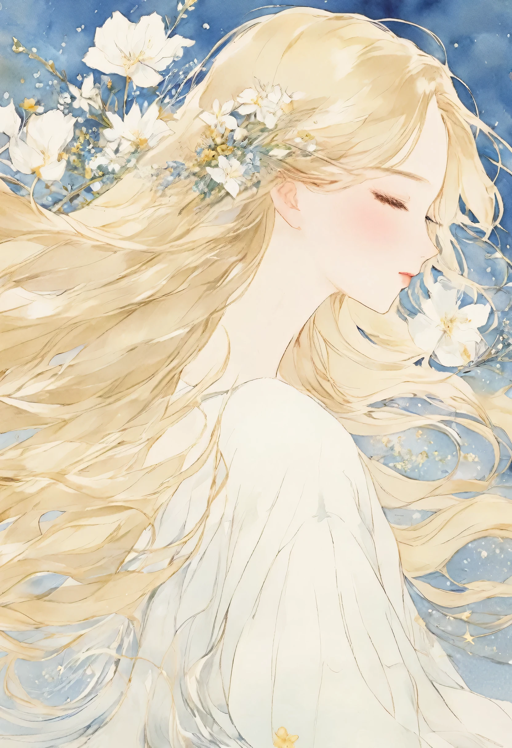 wonderful、smooth blonde hair、Hair blowing in the wind、close your eyes、profile、universe、flower