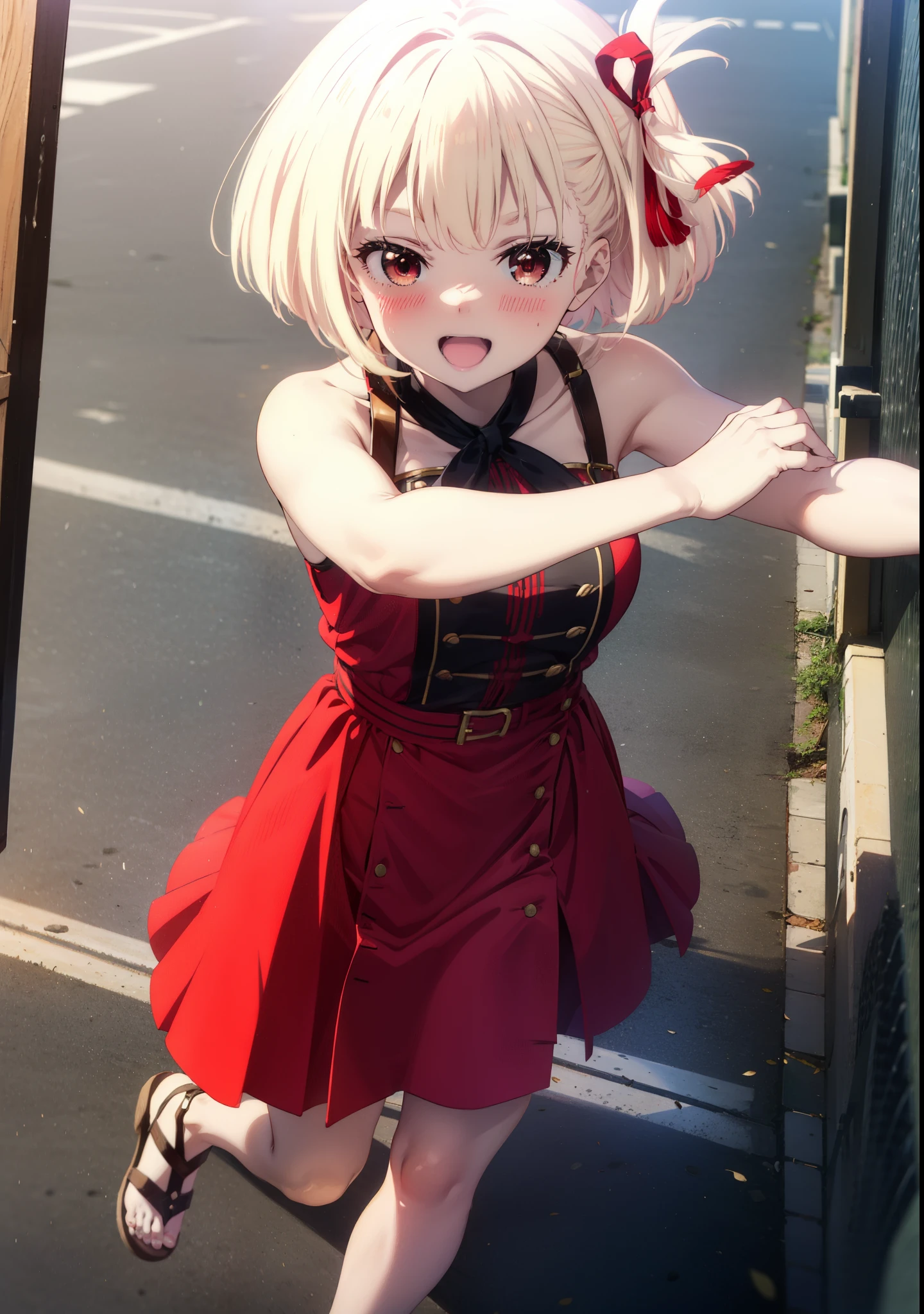chisatonishikigi, Chisato Nishikigi, short hair, bangs, blonde, (Red eyes:1.5), Hair Ribbon, One side up, Bobcut,happy smile, smile, Open your mouth,
Open your mouth, Red sleeveless dress,Bare arms,Red long skirt,Cute Sandals,whole bodyがイラストに入るように,Daytime,sunny, walk,Looking up from below,break looking at viewer,whole body, break outdoors, In town,Coastal Road, break (masterpiece:1.2), highest quality, High resolution, unity 8k wallpaper, (shape:0.8), (Beautiful details:1.6), Highly detailed face, Perfect lighting, Extremely detailed CG, (Perfect hands, Perfect Anatomy),