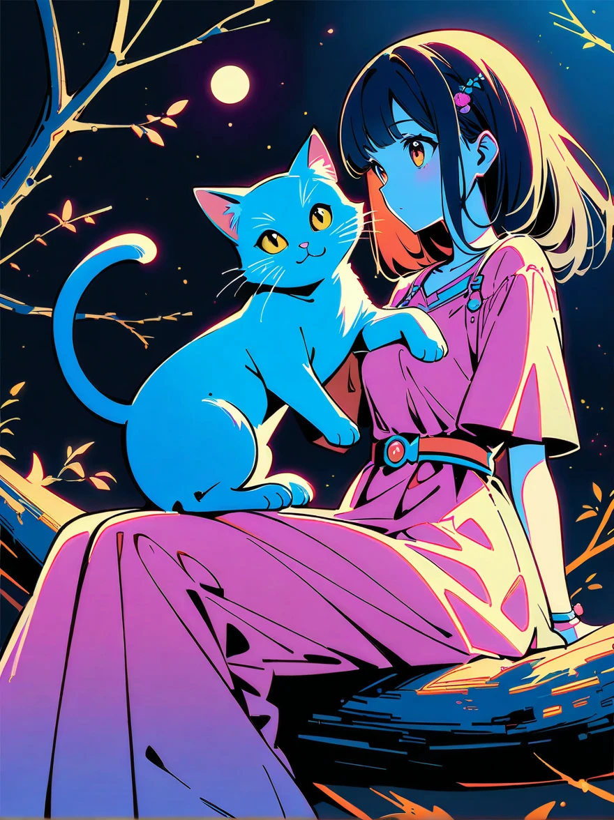 Romantic and sweet style，night，Backlight，A girl sitting on a branch，Holding a blue cat，There is a full moon behind，Fresh colors，Soft colors，Diode lamp，Concept art style，Extremely complex details，Clear distinction between light and dark，Structured，Ultra HD