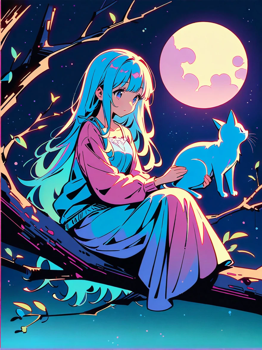 Romantic and sweet style，night，Backlight，A girl sitting on a branch，Holding a blue cat，There is a full moon behind，Fresh colors，Soft colors，Diode lamp，Concept art style，Extremely complex details，Clear distinction between light and dark，Structured，Ultra HD