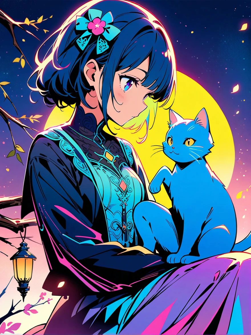 Romantic and sweet style，night，Backlight，A girl sitting on a branch，Holding a blue cat，There is a full moon behind，Fresh colors，Soft colors，Diode lamp，Concept art style，Extremely complex details，Clear distinction between light and dark，Structured，Ultra HD